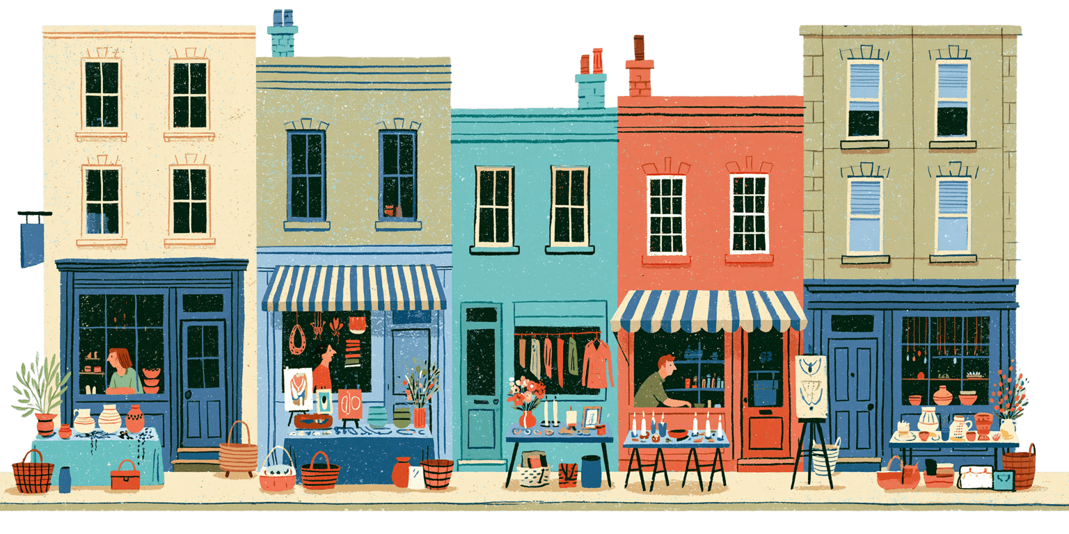 Une rue animée bordée de stands et de boutiques de créateurs